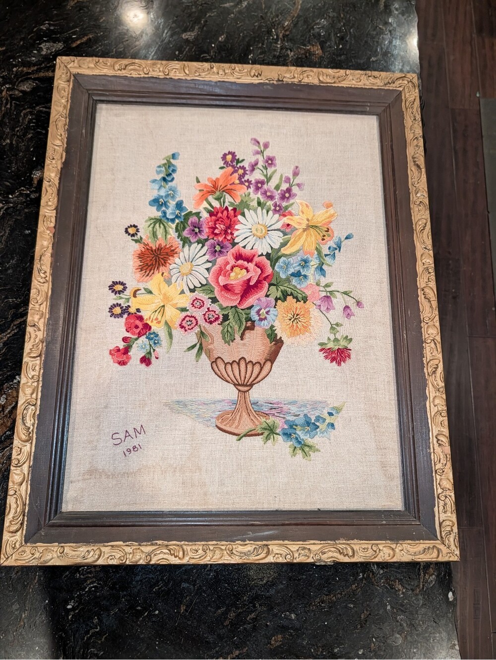 Vintage Floral Embroidery Wall Art Signed SAM 1981